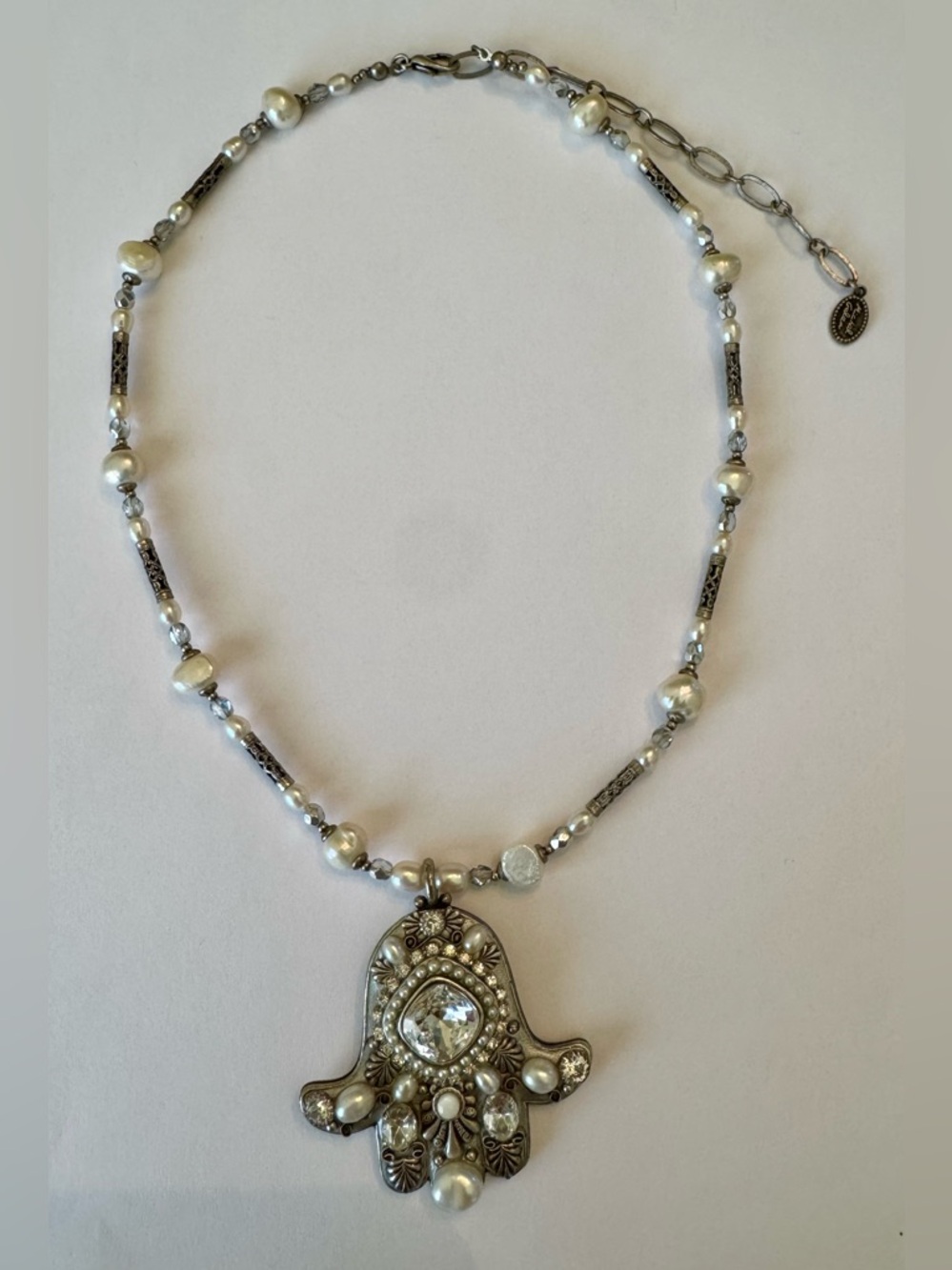 Silver Pearl Hamsa Pendant Necklace by Michal Golan